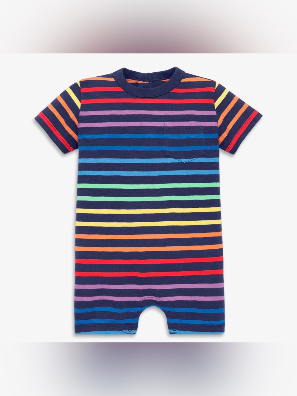 Primary | 12-18 months, Navy Rainbow Stripe Short Romper